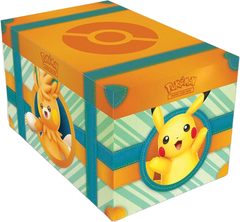 Pokémon TCG Paldea Adventure Chest exterior box featuring Pikachu and friends in teal and orange design.
