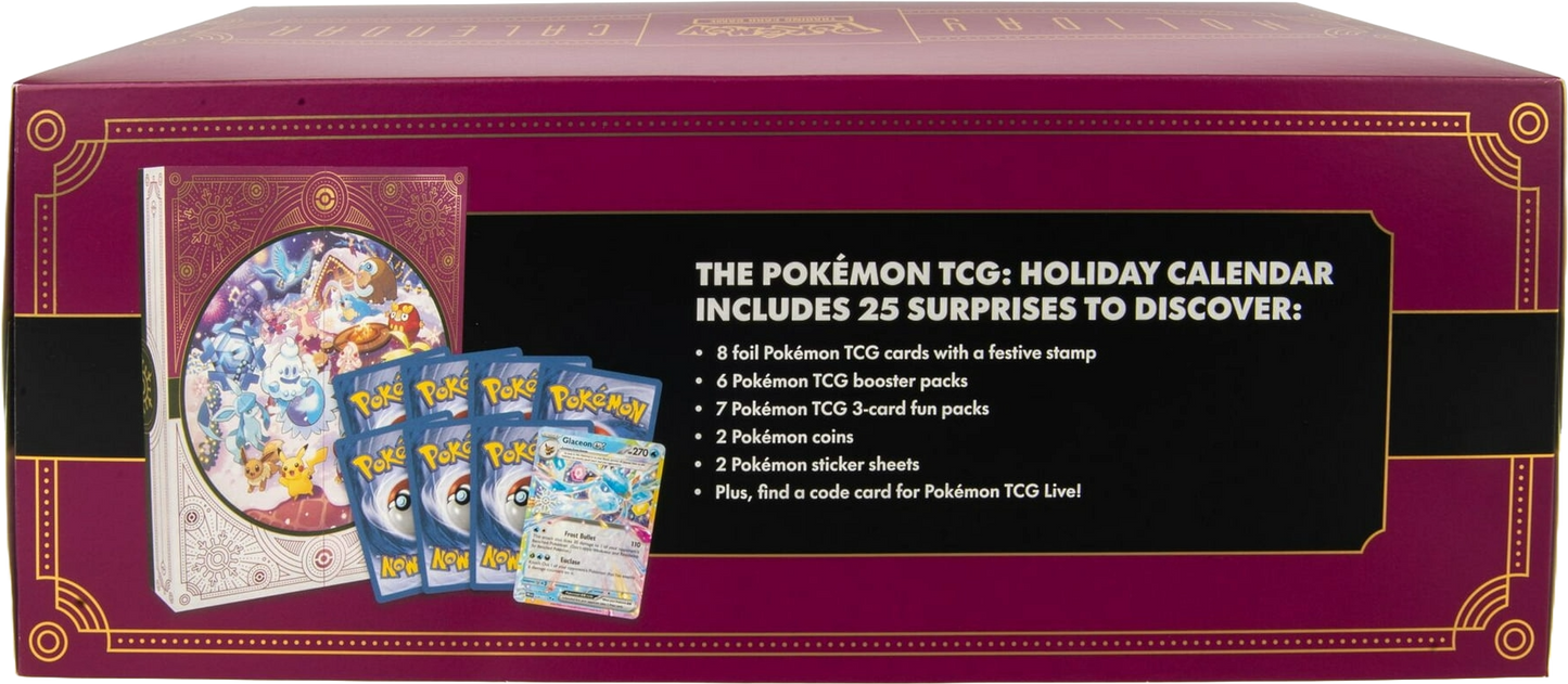 Back panel of the Pokémon TCG 2025 Holiday Calendar listing included items: foil promos, booster packs, fun packs, coins, stickers, and code card.