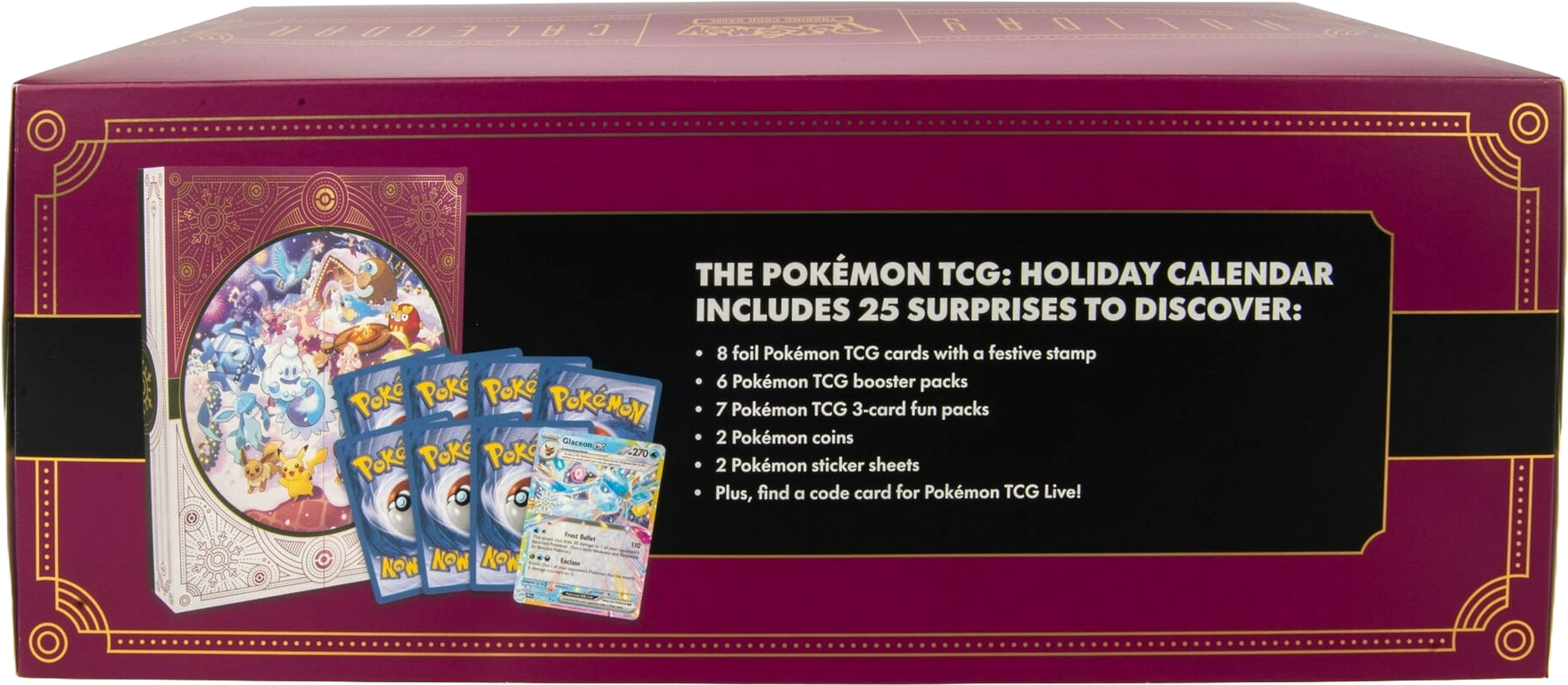 Back panel of the Pokémon TCG 2025 Holiday Calendar listing included items: foil promos, booster packs, fun packs, coins, stickers, and code card.