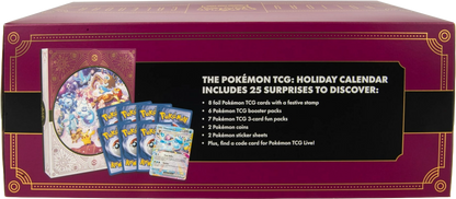 Back panel of the Pokémon TCG 2025 Holiday Calendar listing included items: foil promos, booster packs, fun packs, coins, stickers, and code card.
