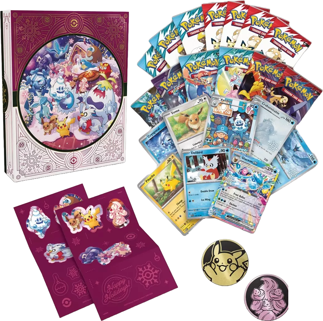 Complete contents spread showing foil Pokémon cards, booster packs, fun packs, stickers, and collectible coins from the 2025 Holiday Calendar.