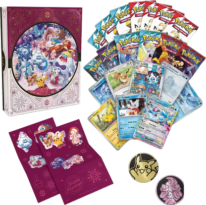 Complete contents spread showing foil Pokémon cards, booster packs, fun packs, stickers, and collectible coins from the 2025 Holiday Calendar.