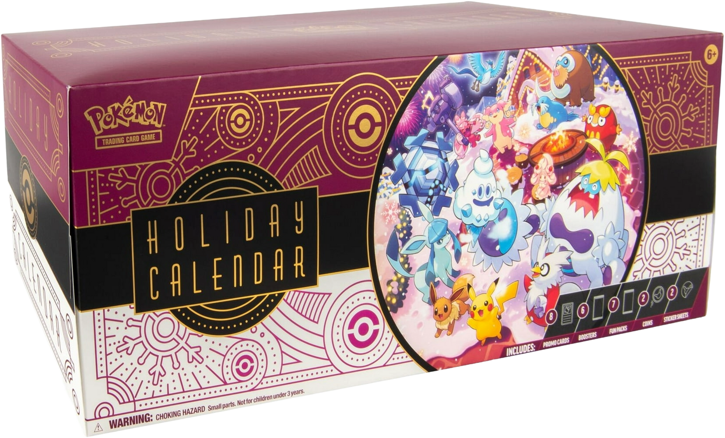 Angled left-facing shot of the Pokémon TCG 2025 Holiday Calendar showing the full box design and holiday artwork details.