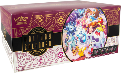 Angled left-facing shot of the Pokémon TCG 2025 Holiday Calendar showing the full box design and holiday artwork details.