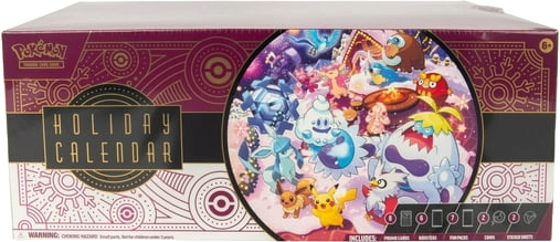 Front view of the Pokémon TCG 2025 Holiday Calendar sealed box featuring festive artwork with Pikachu, Eevee, Glaceon, and winter-themed Pokémon.