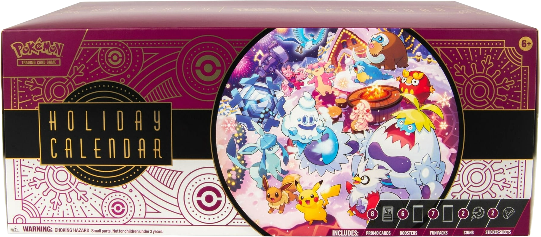 Wide frontal display of the Pokémon TCG Holiday Calendar highlighting the circular winter art scene with multiple Pokémon.
