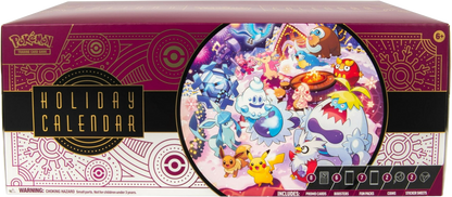 Wide frontal display of the Pokémon TCG Holiday Calendar highlighting the circular winter art scene with multiple Pokémon.