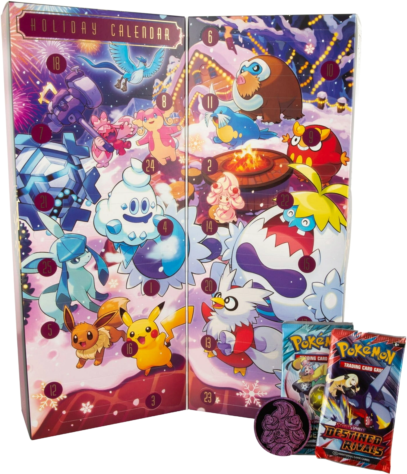 Open interior of the Pokémon TCG Holiday Calendar showing all 25 numbered doors with Glaceon, Pikachu, Eevee, and other winter Pokémon.