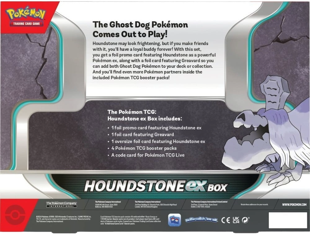 Back panel of the Pokémon TCG Houndstone ex Box listing included contents: promos, oversize card, booster packs, and code card.