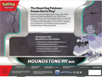 Back panel of the Pokémon TCG Houndstone ex Box listing included contents: promos, oversize card, booster packs, and code card.