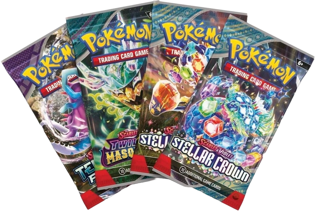Four Pokémon TCG booster packs included in the Houndstone ex Box, featuring Scarlet & Violet set artworks.