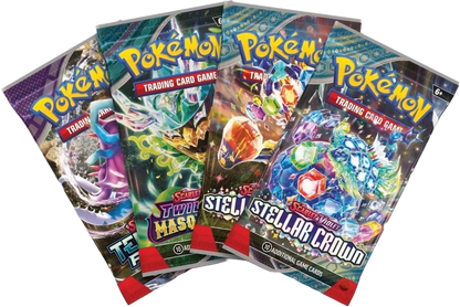 Four Pokémon TCG booster packs included in the Houndstone ex Box, featuring Scarlet & Violet set artworks.