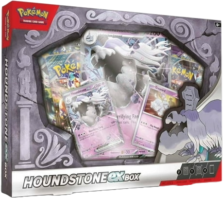 Angled display of the Pokémon TCG Houndstone ex Box featuring Houndstone ex, Greavard, booster packs, and Ghost Dog artwork.