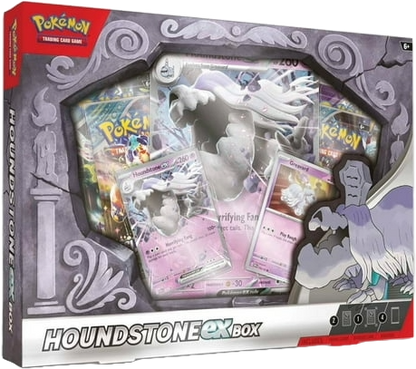 Angled display of the Pokémon TCG Houndstone ex Box featuring Houndstone ex, Greavard, booster packs, and Ghost Dog artwork.