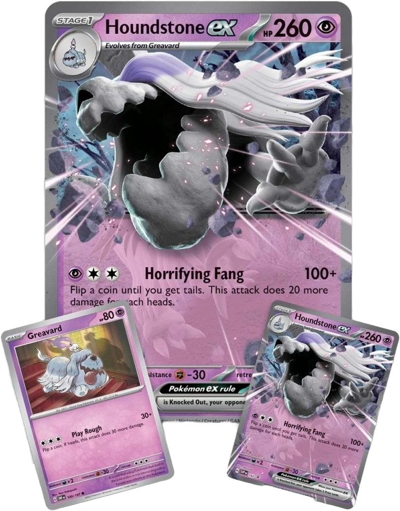 Houndstone ex oversized card, standard Houndstone ex promo, and Greavard promo card spread from the Houndstone ex Box.