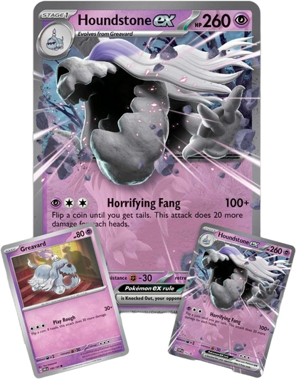 Houndstone ex oversized card, standard Houndstone ex promo, and Greavard promo card spread from the Houndstone ex Box.