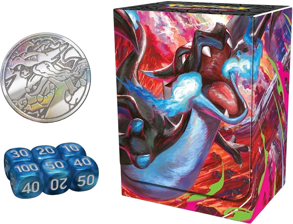 Mega Charizard X ex Ultra-Premium Collection accessories including the metal Charizard coin, blue damage-counter dice, and Charizard deck box with flame artwork.