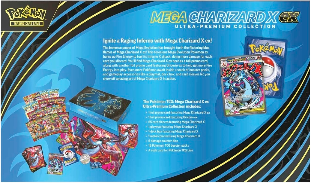 Back panel of the Mega Charizard X ex Ultra-Premium Collection showing product description, included promos, accessories, and booster count.