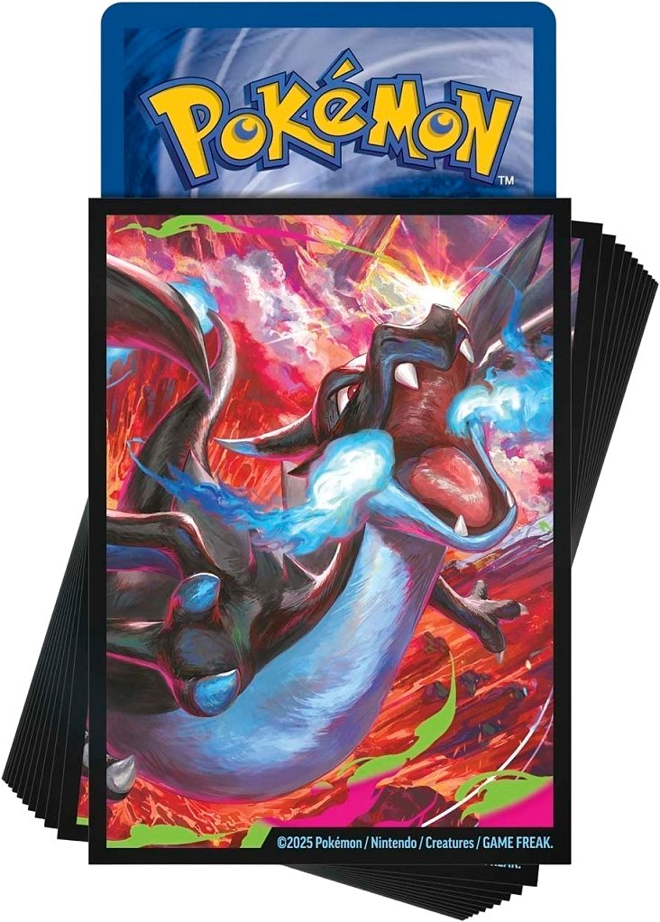 Pack of Mega Charizard X themed Pokémon TCG card sleeves showcasing full-color artwork from the Ultra-Premium Collection.