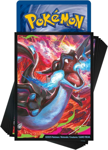 Pack of Mega Charizard X themed Pokémon TCG card sleeves showcasing full-color artwork from the Ultra-Premium Collection.