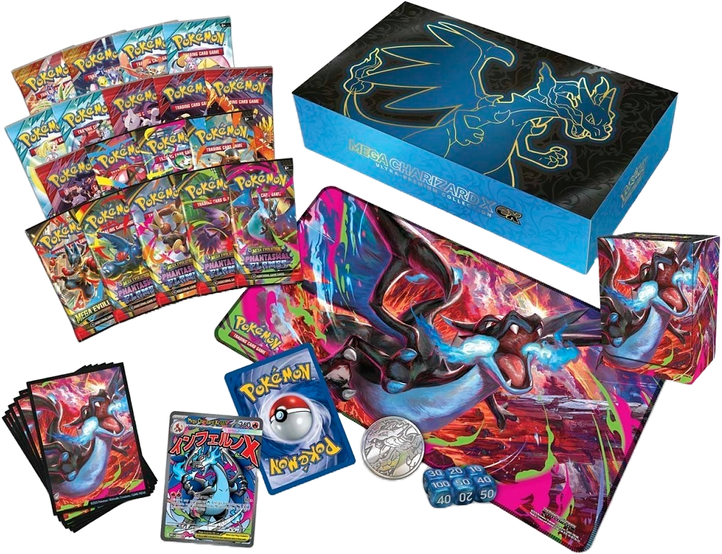 Complete contents of the Mega Charizard X ex Ultra-Premium Collection including boosters, playmat, sleeves, deck box, metal coin, dice, and promo cards.