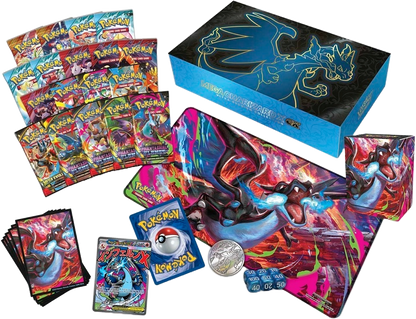 Complete contents of the Mega Charizard X ex Ultra-Premium Collection including boosters, playmat, sleeves, deck box, metal coin, dice, and promo cards.