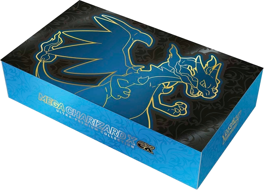 Flat front view of the Mega Charizard X ex Ultra-Premium Collection storage box with blue Charizard line art design.