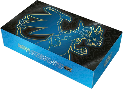 Flat front view of the Mega Charizard X ex Ultra-Premium Collection storage box with blue Charizard line art design.