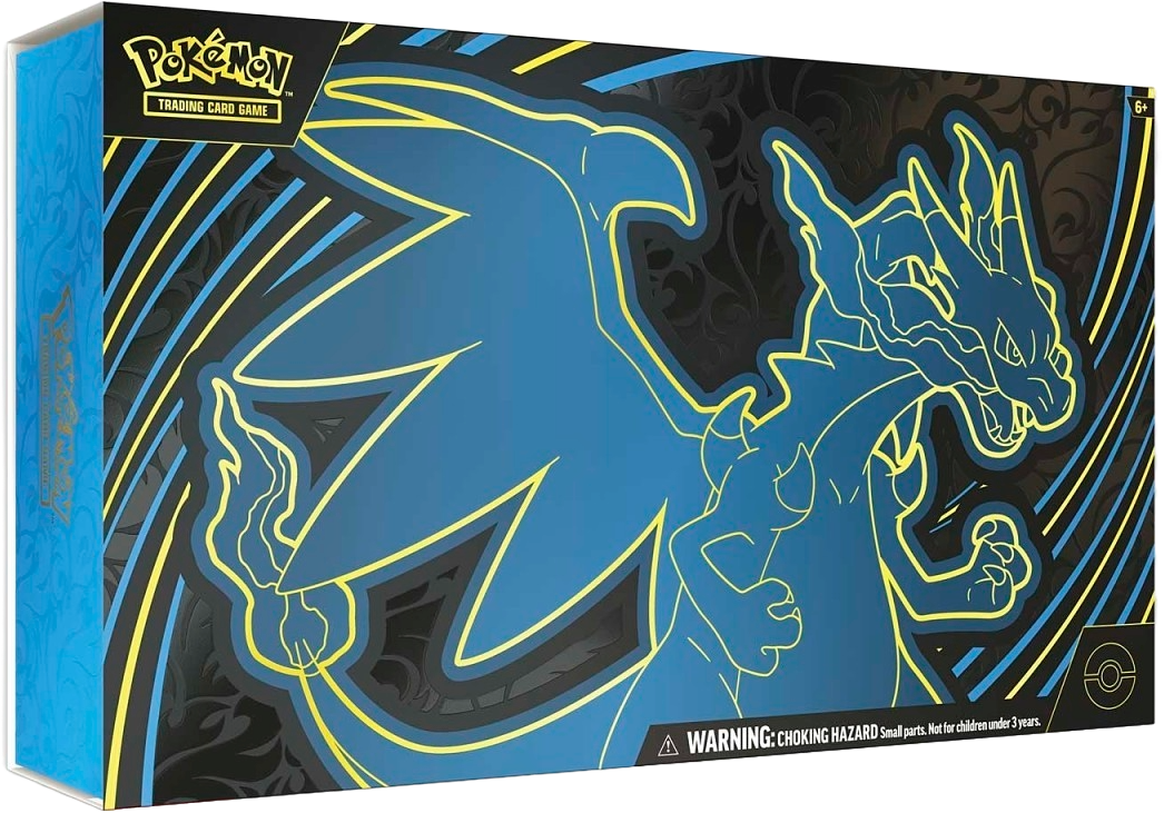 Angled view of the Mega Charizard X ex Ultra-Premium Collection outer box featuring blue flame-style Mega Charizard X artwork.