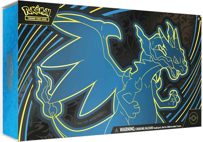 Angled view of the Mega Charizard X ex Ultra-Premium Collection outer box featuring blue flame-style Mega Charizard X artwork.