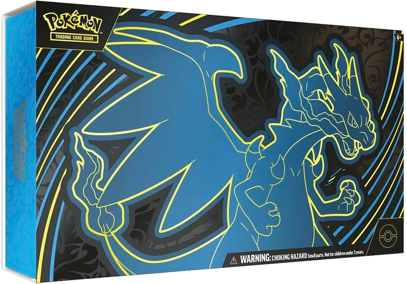 Angled view of the Mega Charizard X ex Ultra-Premium Collection outer box featuring blue flame-style Mega Charizard X artwork.