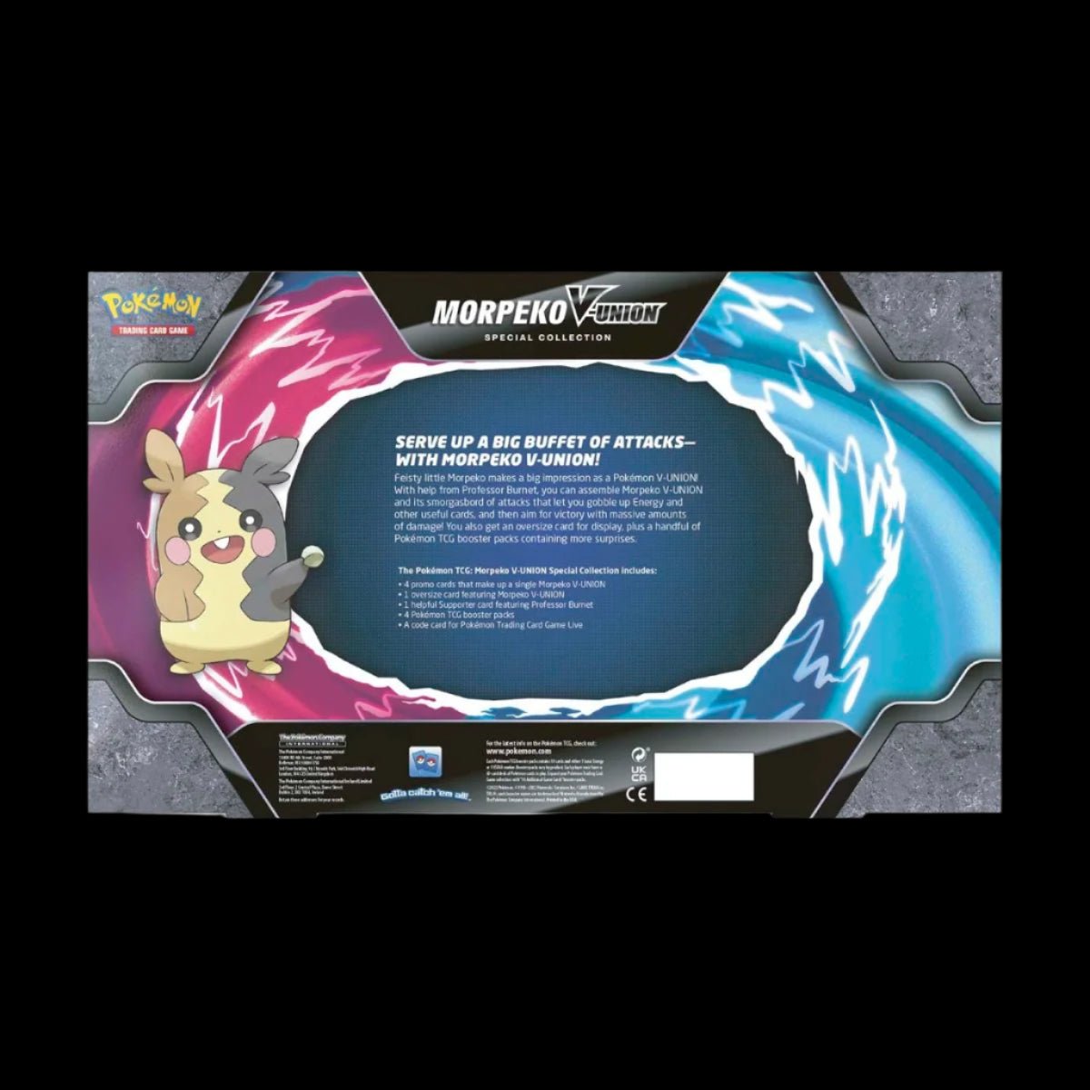 Back panel of the Pokémon TCG Morpeko V-UNION Special Collection showing product details, contents list, and artwork.