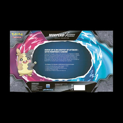 Back panel of the Pokémon TCG Morpeko V-UNION Special Collection showing product details, contents list, and artwork.