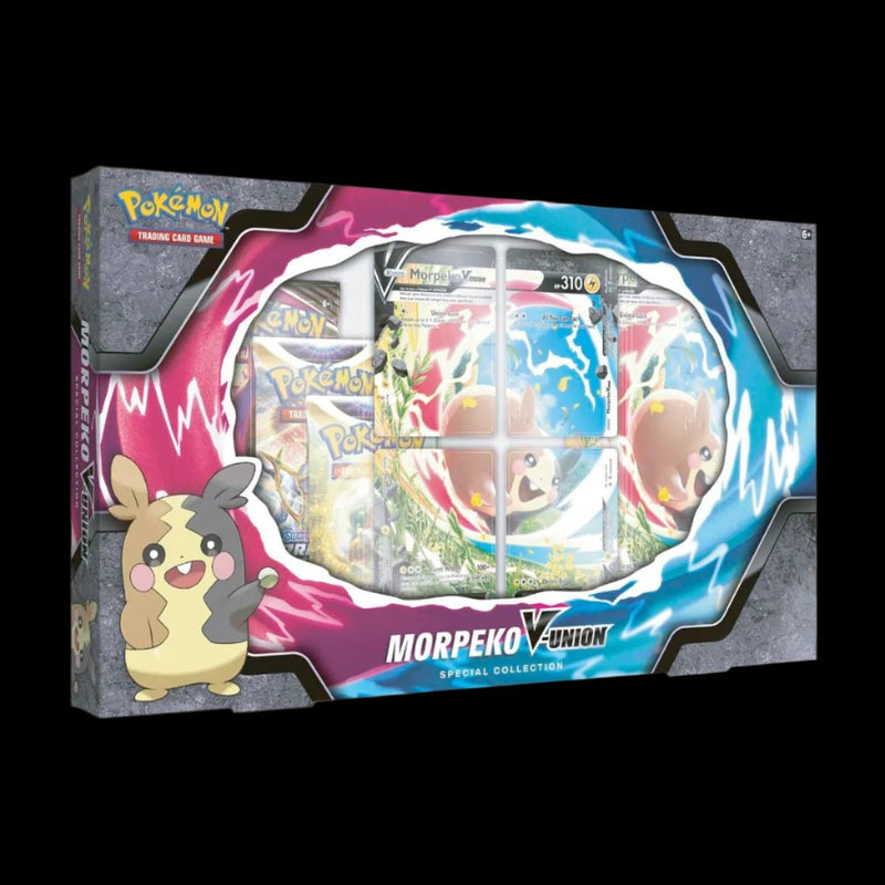 Angled front view of the Pokémon TCG Morpeko V-UNION Special Collection showing the four V-UNION card pieces and booster pack assortment.