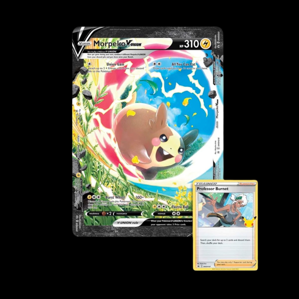 Oversize Morpeko V-UNION card with included Professor Burnet Supporter card from the Morpeko V-UNION Special Collection.