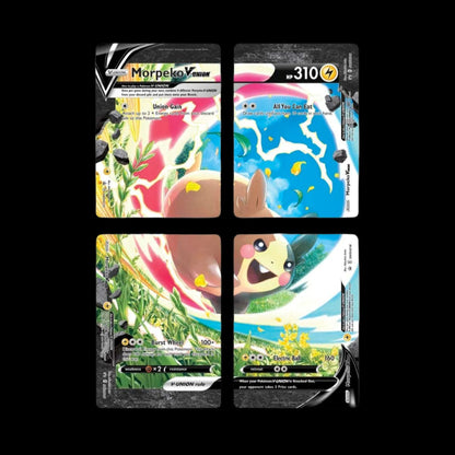 Four individual Morpeko V-UNION promo cards that combine to form the full 310 HP Lightning-type Morpeko V-UNION.