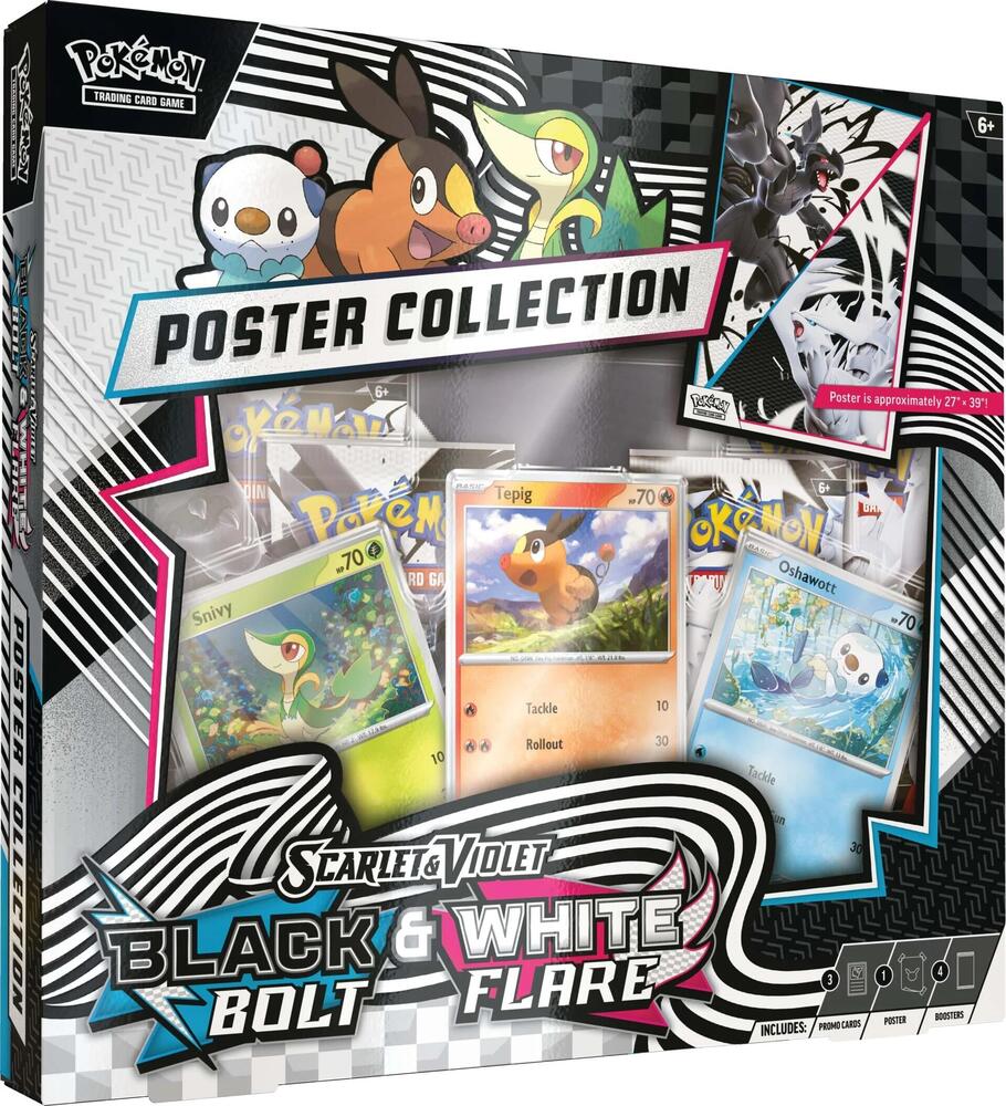 Pokémon Trading Card Game Scarlet & Violet Black Bolt & White Flare Unova Poster Collection featuring Snivy, Tepig, and Oshawott promo cards, a Unova-themed poster, and booster packs from both expansions.