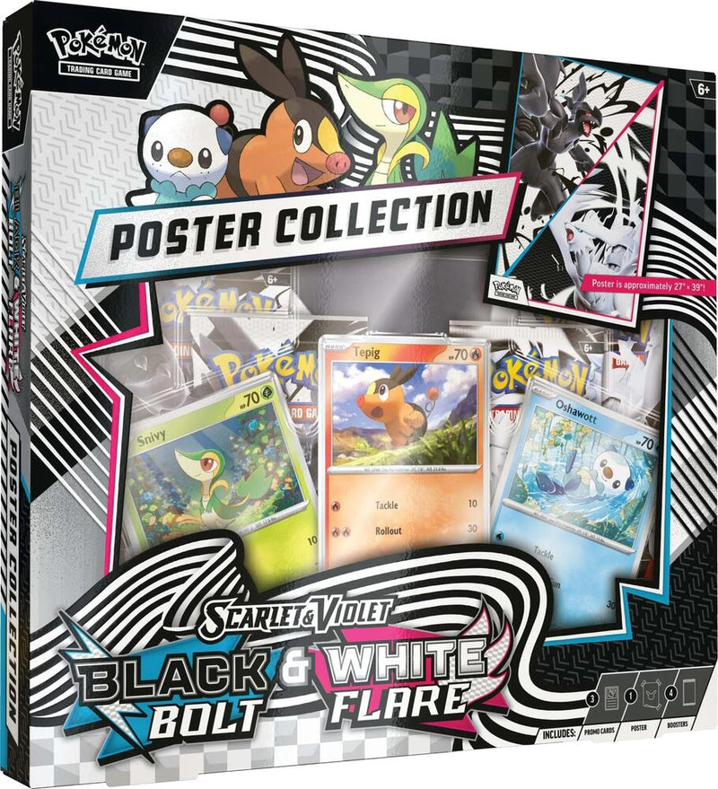 Pokémon Trading Card Game Scarlet & Violet Black Bolt & White Flare Unova Poster Collection featuring Snivy, Tepig, and Oshawott promo cards, a Unova-themed poster, and booster packs from both expansions.