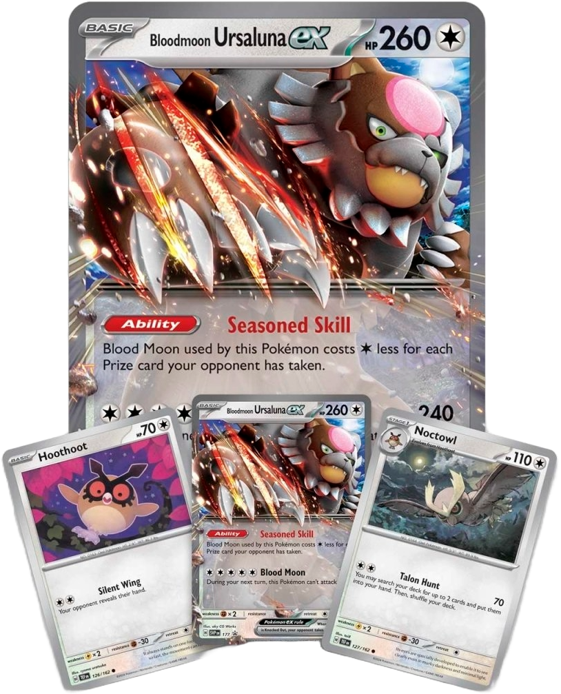 Bloodmoon Ursaluna ex, Hoothoot, and Noctowl promo cards.