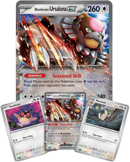 Bloodmoon Ursaluna ex, Hoothoot, and Noctowl promo cards.