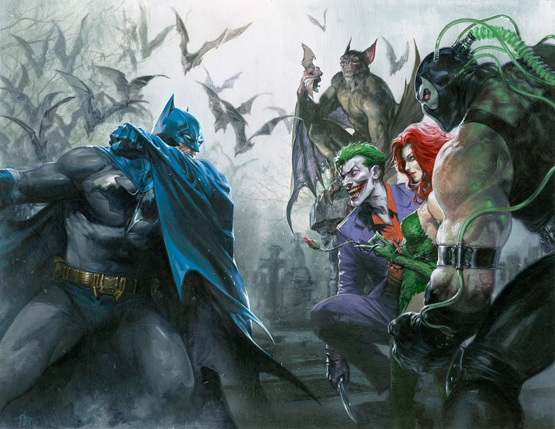 Batman #1 and Detective Comics #1101 connecting covers by Gabriele Dell’Otto featuring Batman confronting Joker, Poison Ivy, Bane, and Man-Bat in a graveyard with bats swarming – DC Comics 2025