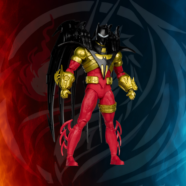McFarlane DC Multiverse Azrael Batman (Knightquest) 7-inch action figure in red, gold and black armor with black bat-wing blades, front view