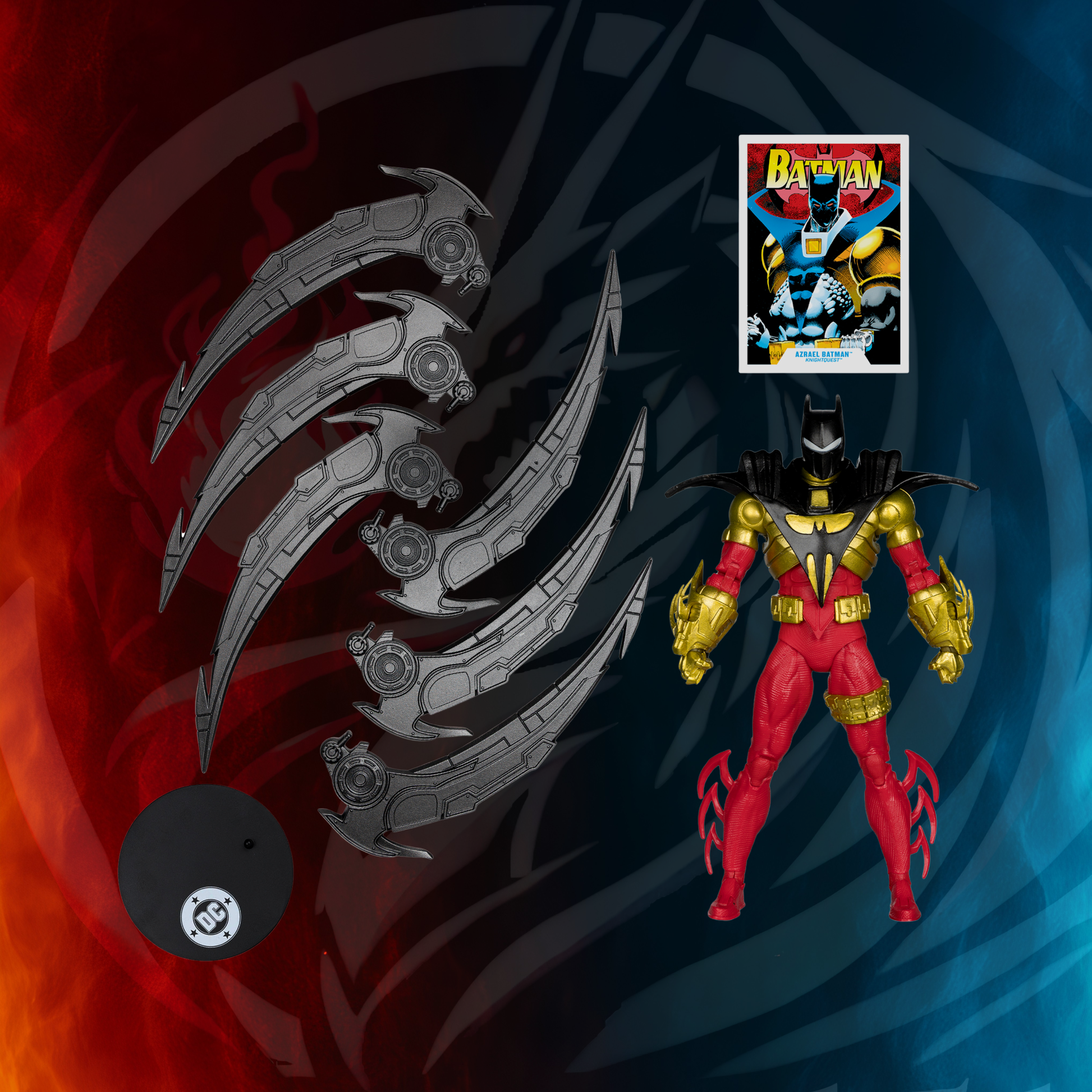 Azrael Batman (Knightquest) McFarlane DC Multiverse figure shown with interchangeable blade accessories and collector art card