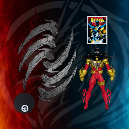 Azrael Batman (Knightquest) McFarlane DC Multiverse figure shown with interchangeable blade accessories and collector art card