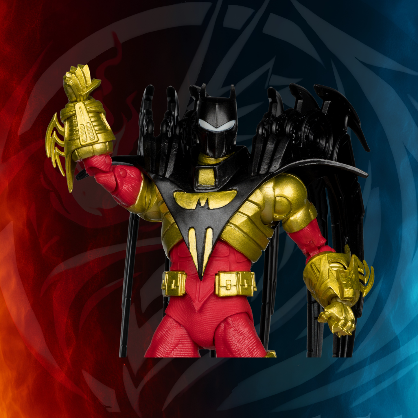 Azrael Batman (Knightquest) McFarlane DC Multiverse figure close-up, gold gauntlet raised