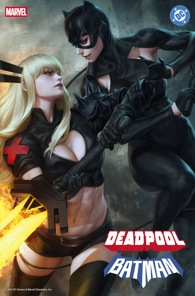 Deadpool/Batman #1 Artgerm Variant – Catwoman and Magik battle scene, Marvel/DC crossover comic