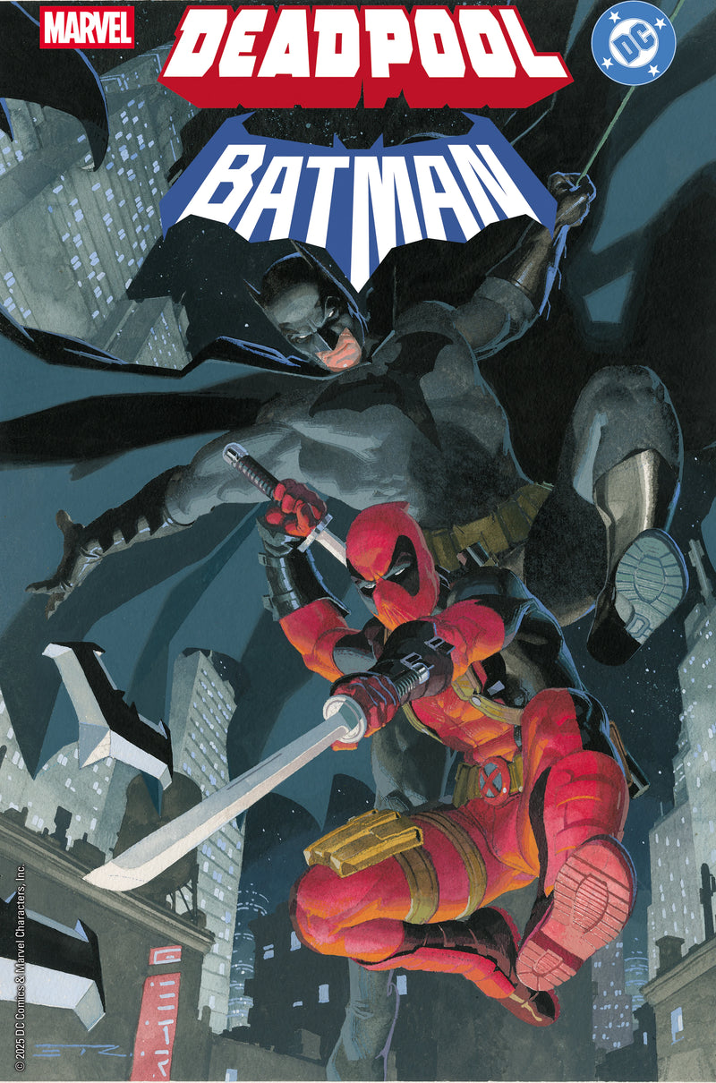 Deadpool/Batman #1 Esad Ribic Variant – Deadpool and Batman leaping into Gotham, Marvel/DC crossover