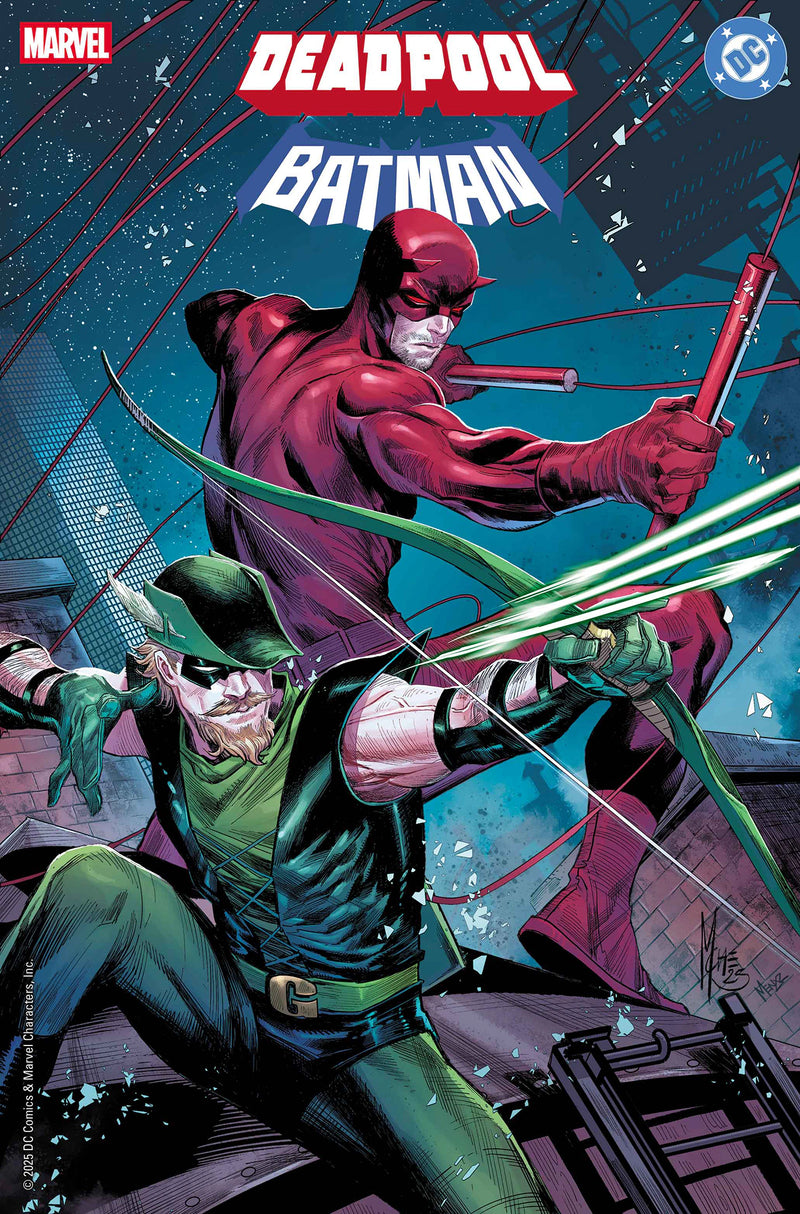 Deadpool/Batman #1 Marco Checchetto Variant – Daredevil and Green Arrow Gotham rooftop battle, Marvel/DC crossover