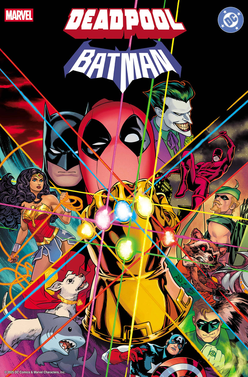 Deadpool/Batman #1 Russell Dauterman Homage Variant – Deadpool with Infinity Gauntlet, Batman, Joker, Wonder Woman, Daredevil, Rocket, Marvel/DC crossover comic