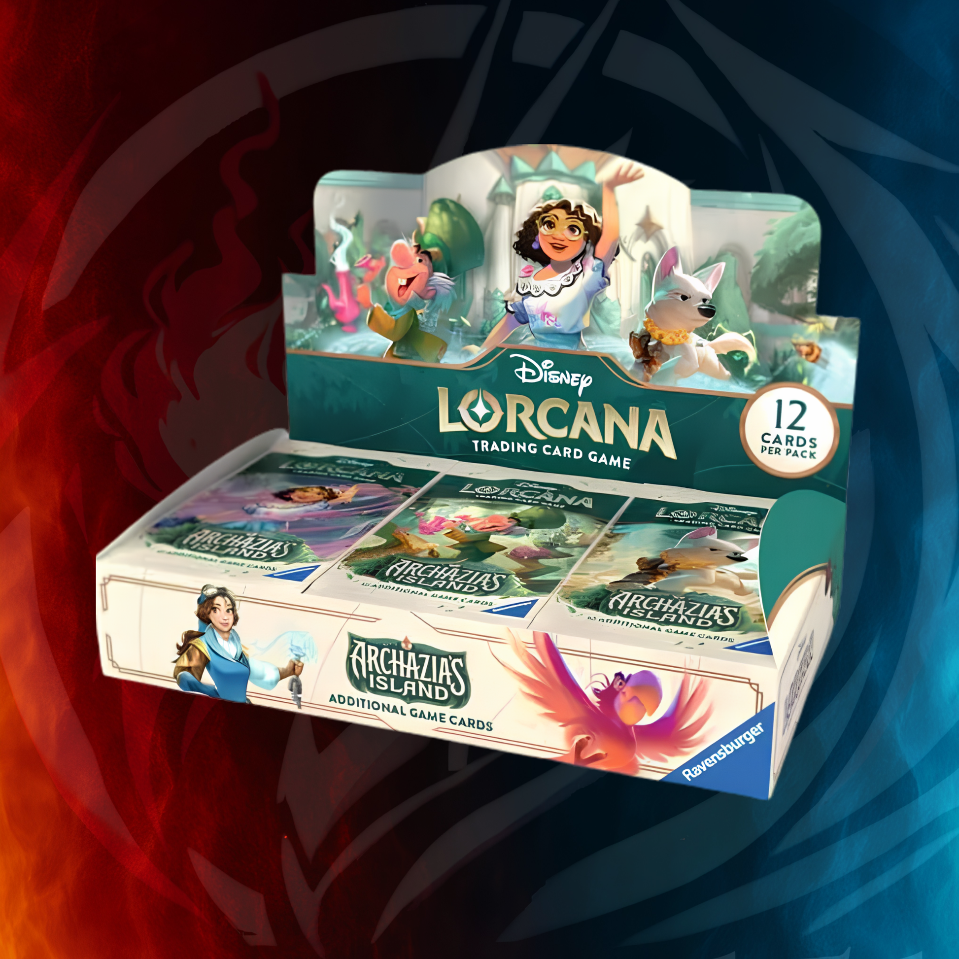 Disney Lorcana Archazia's Island Booster Pack Display open, showing 24 sealed booster packs